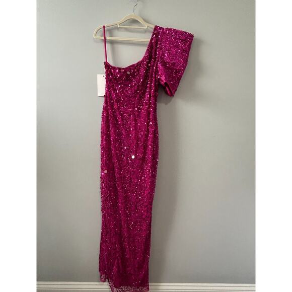 Mac Duggal Hot Pink Beaded Sequined Puff Sleeve One Shoulder Gown Dress Size 10 - Picture 5 of 16